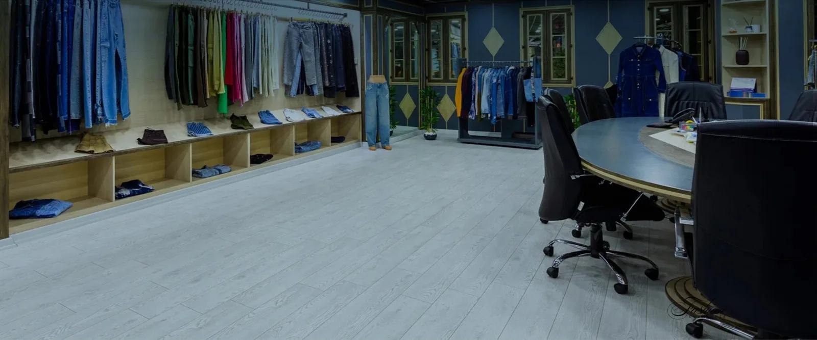 Denim sample showroom and meeting table at Kuzgunlar Textile